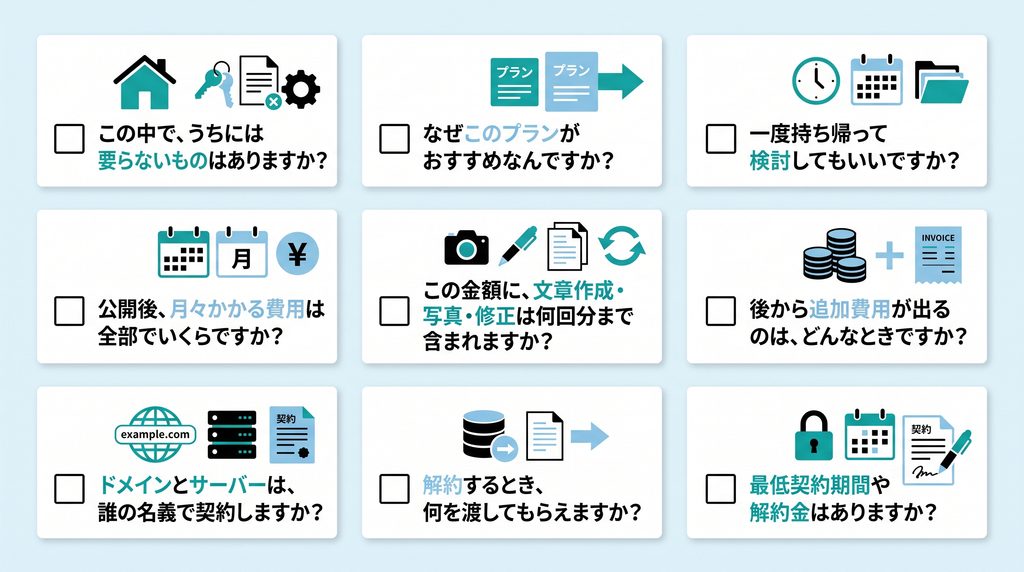 打ち合わせで制作会社に確かめたい9つの質問を、チェック欄つきでまとめた一覧