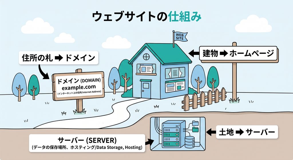 家にたとえて、住所の札をドメイン、土地をサーバー、建物をホームページとして示した図