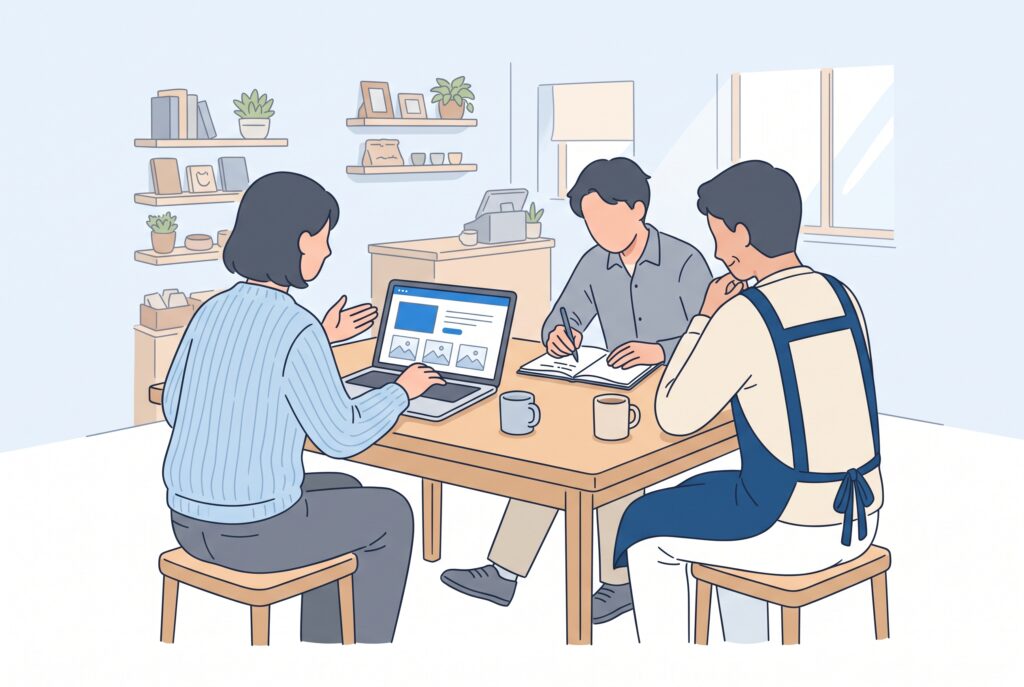 小さなお店を訪ねた制作者2人が、エプロン姿の店主とノートパソコンを見ながら打ち合わせをしている様子