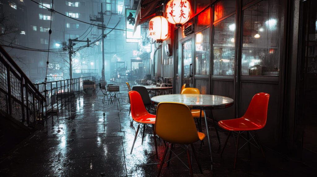夜の路地で、赤ちょうちんに明かりがついた居酒屋の入口