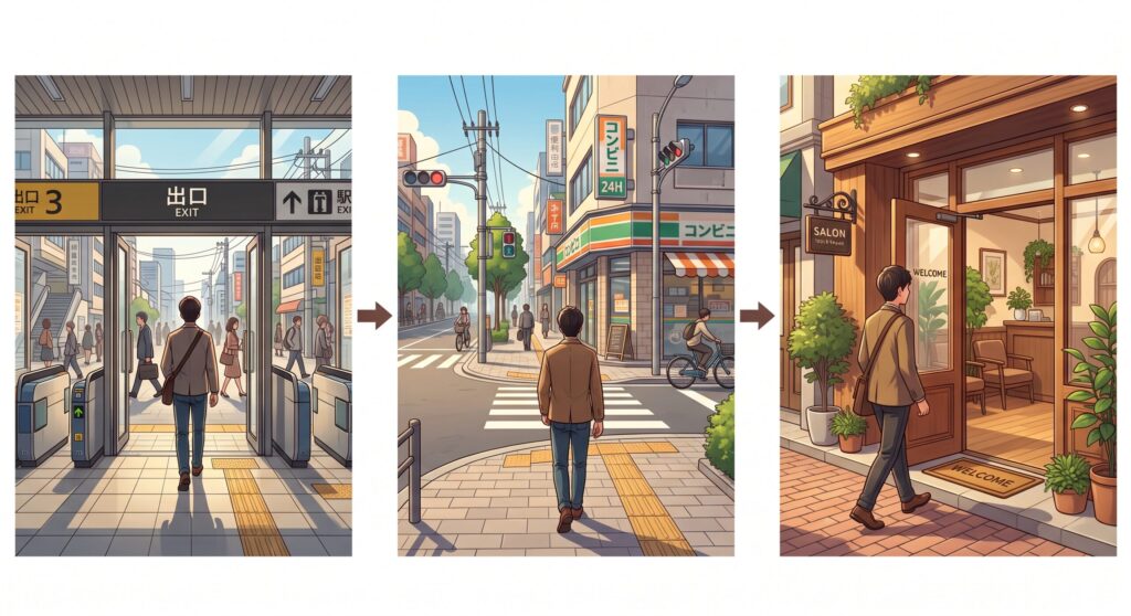 駅の出口からコンビニの角を曲がり、サロンの入口に着くまでを歩く目線で描いた3コマのイラスト