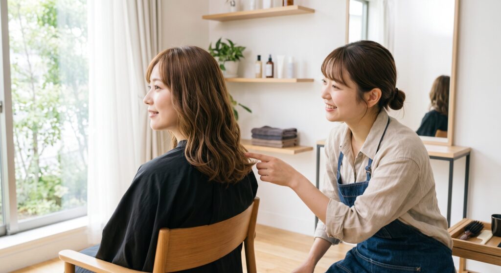 施術後、スタッフがお客様の髪を指しながら仕上がりを説明している様子