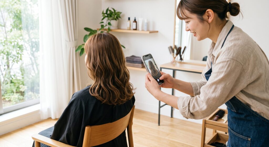 自然光の入る窓際で、スタッフがお客様の髪を後ろからスマートフォンで撮影している様子