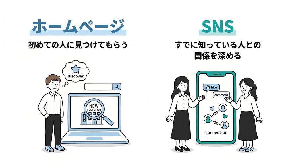 ホームページとSNSの役割の違いを比較した図