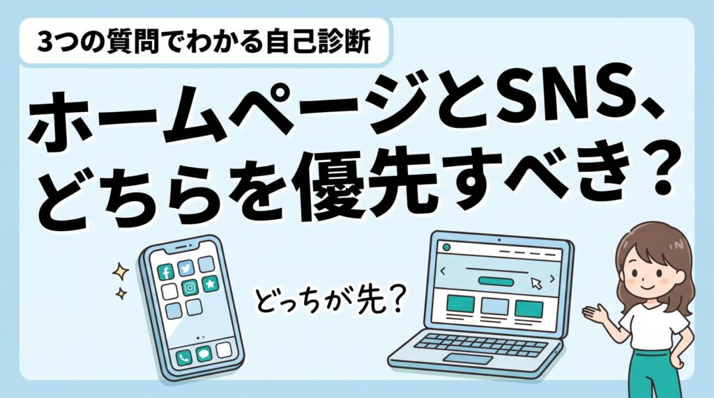 「ホームページとSNS、どちらを優先すべき？」の文字と、スマホとノートパソコンを見比べる女性のイラスト