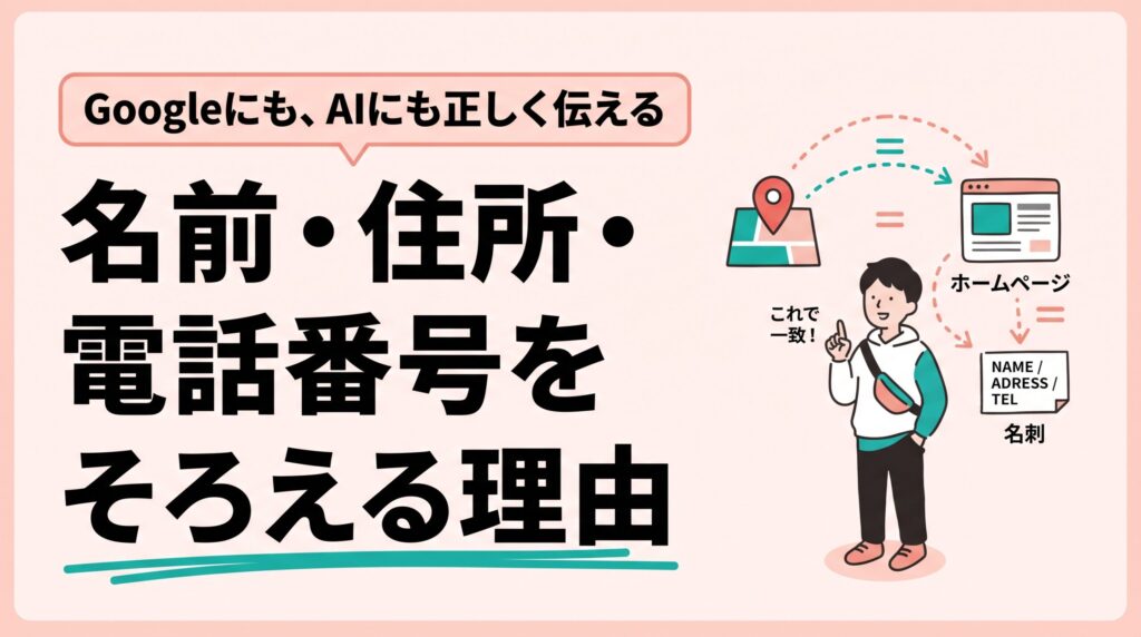 名前・住所・電話番号をそろえる理由。Googleマップ、ホームページ、名刺が同じお店の情報でつながっている様子のイラスト