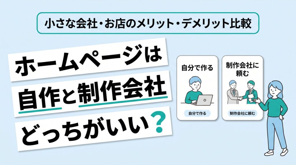 ホームページは自作と制作会社どっちがいいかを比べる記事のアイキャッチ。「自分で作る」と「制作会社に頼む」のカードが並ぶ