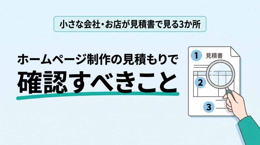 ホームページ制作の見積もりで確認すべきこと。①②③の番号が付いた見積書を、虫眼鏡で確かめている手元のイラスト
