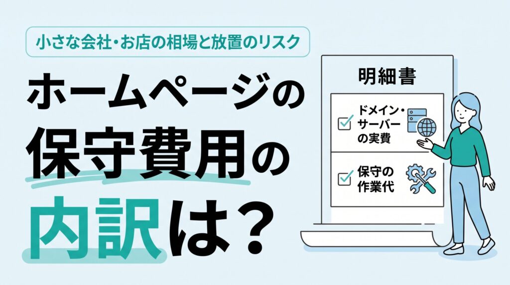 ホームページの保守費用の内訳。明細書を「ドメイン・サーバーの実費」と「保守の作業代」に分け、女性が指し示しているイラスト