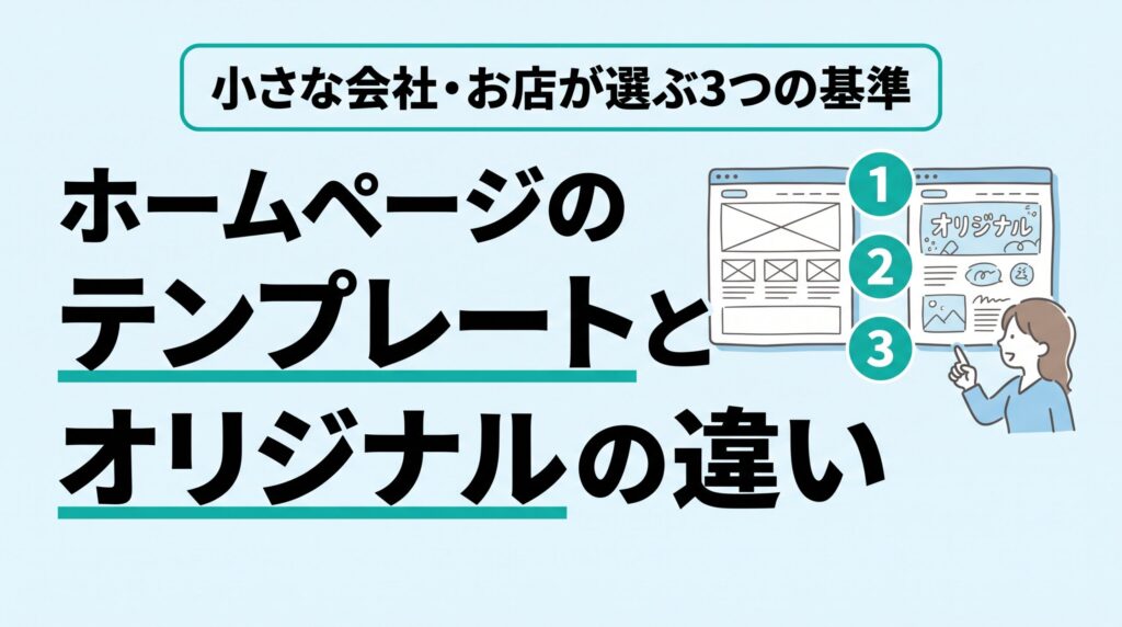 ホームページのテンプレートとオリジナルの違い。2つの画面を見比べ、①②③の3つの基準で選ぶ女性のイラスト